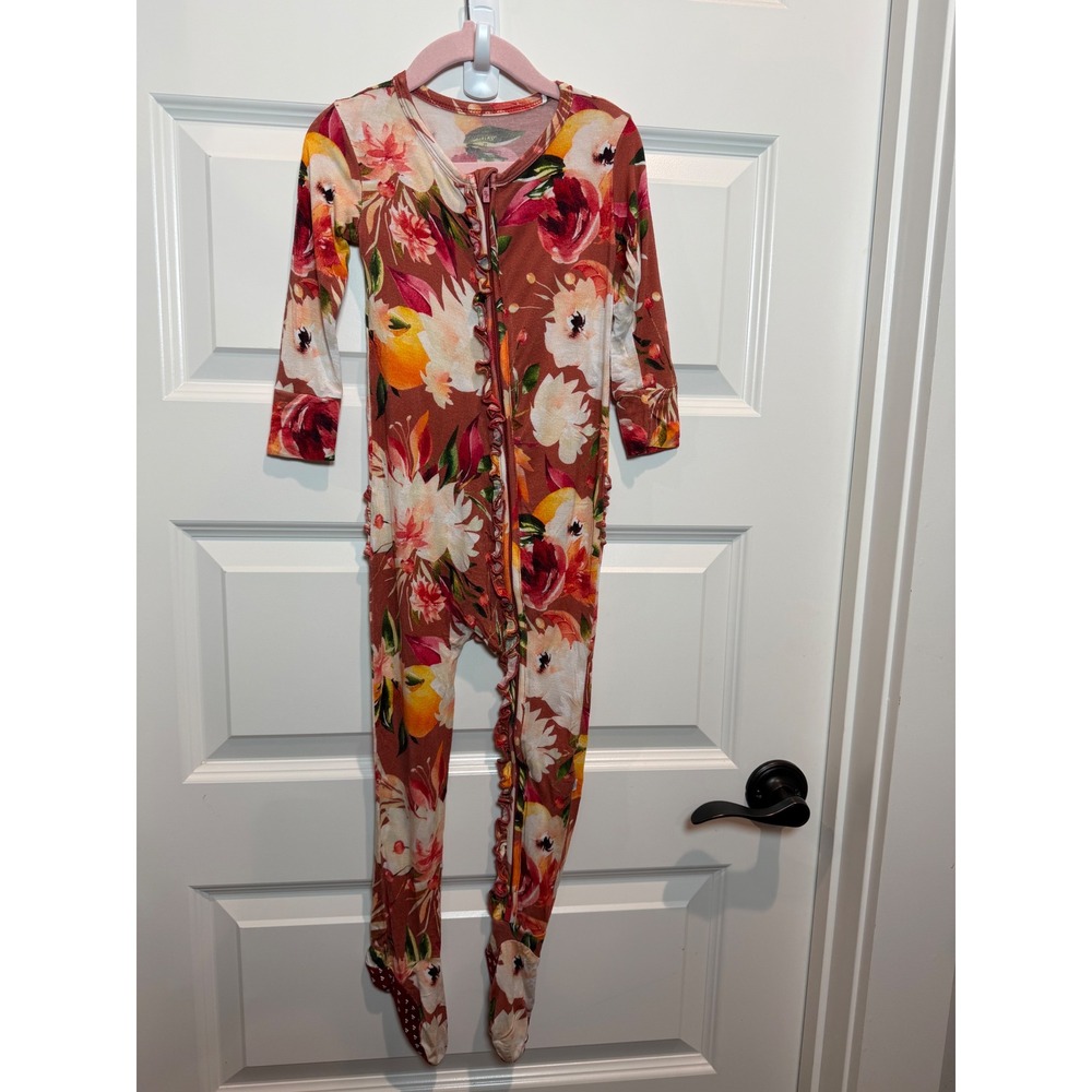 Posh Peanut 3T Floral Ruffle Bamboo Viscose Footed Pajamas Terracotta Sleeper